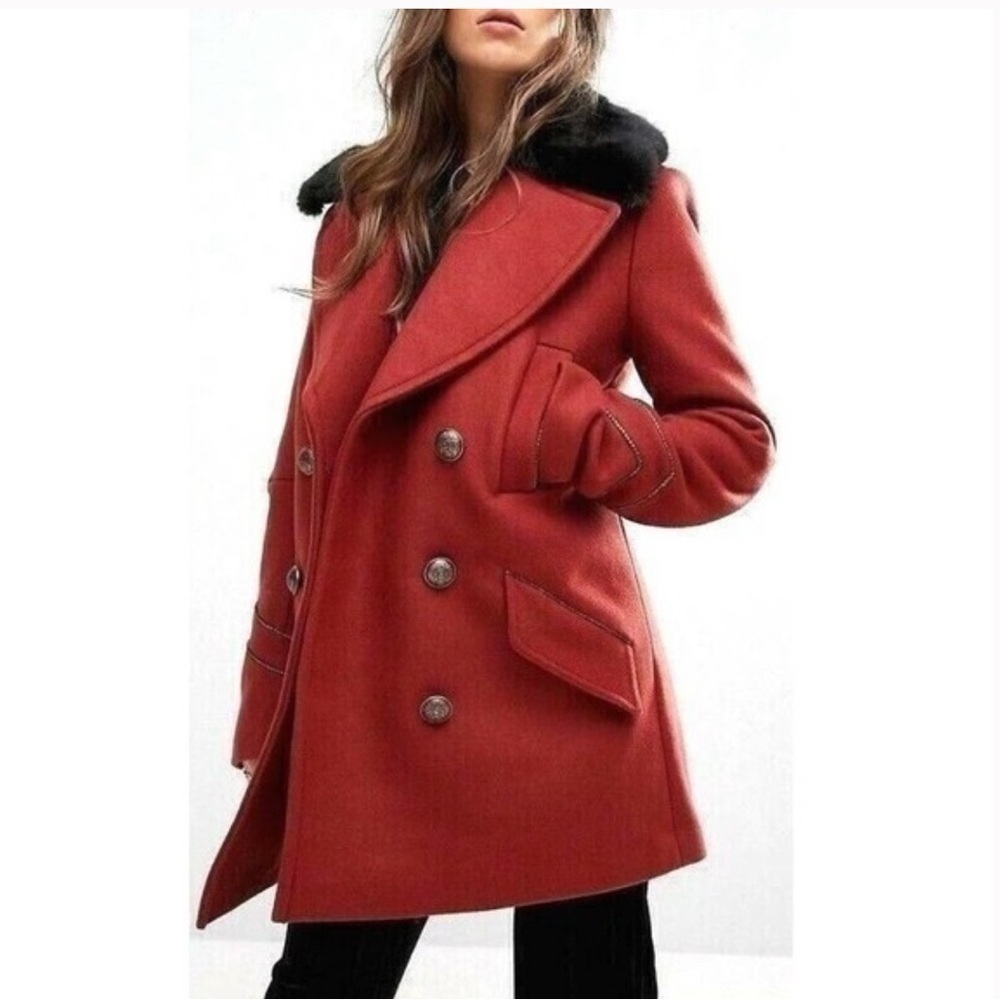 Free People Sedgwick Red Wool Peacoat Military Coat Double Breasted OB514559, S